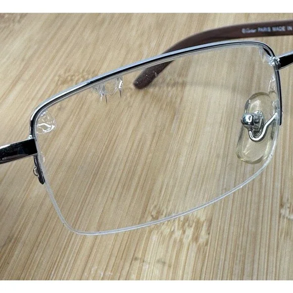 Cartier Platinum Men's Eyeglasses 54-19-140 Half Rim Wooden Temples FRAMES ONLY